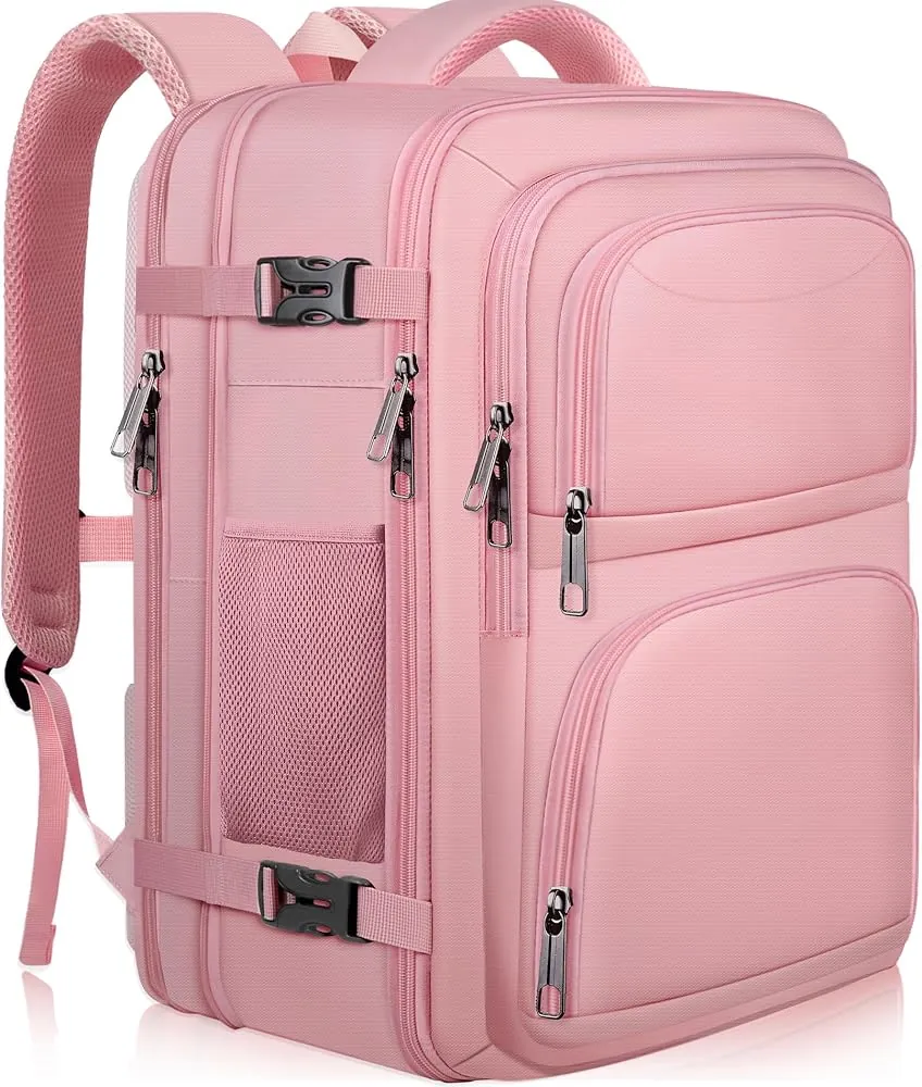 A backpack is stored securely under an airplane seat for easy access during flight.