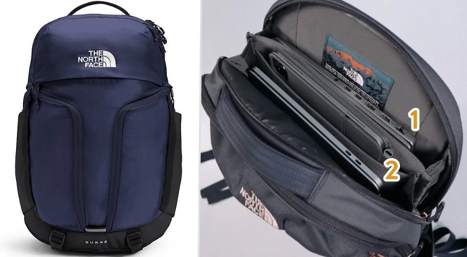 A person measures the internal sleeve of a backpack to fit two laptops.