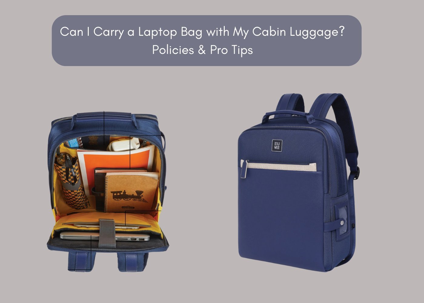 Hands carefully organizing tech accessories into the compartments of a laptop backpack.