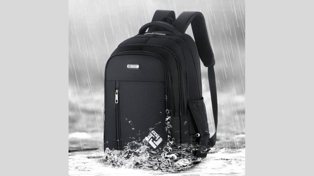A durable backpack filled with books sitting on a wooden bench in a library.