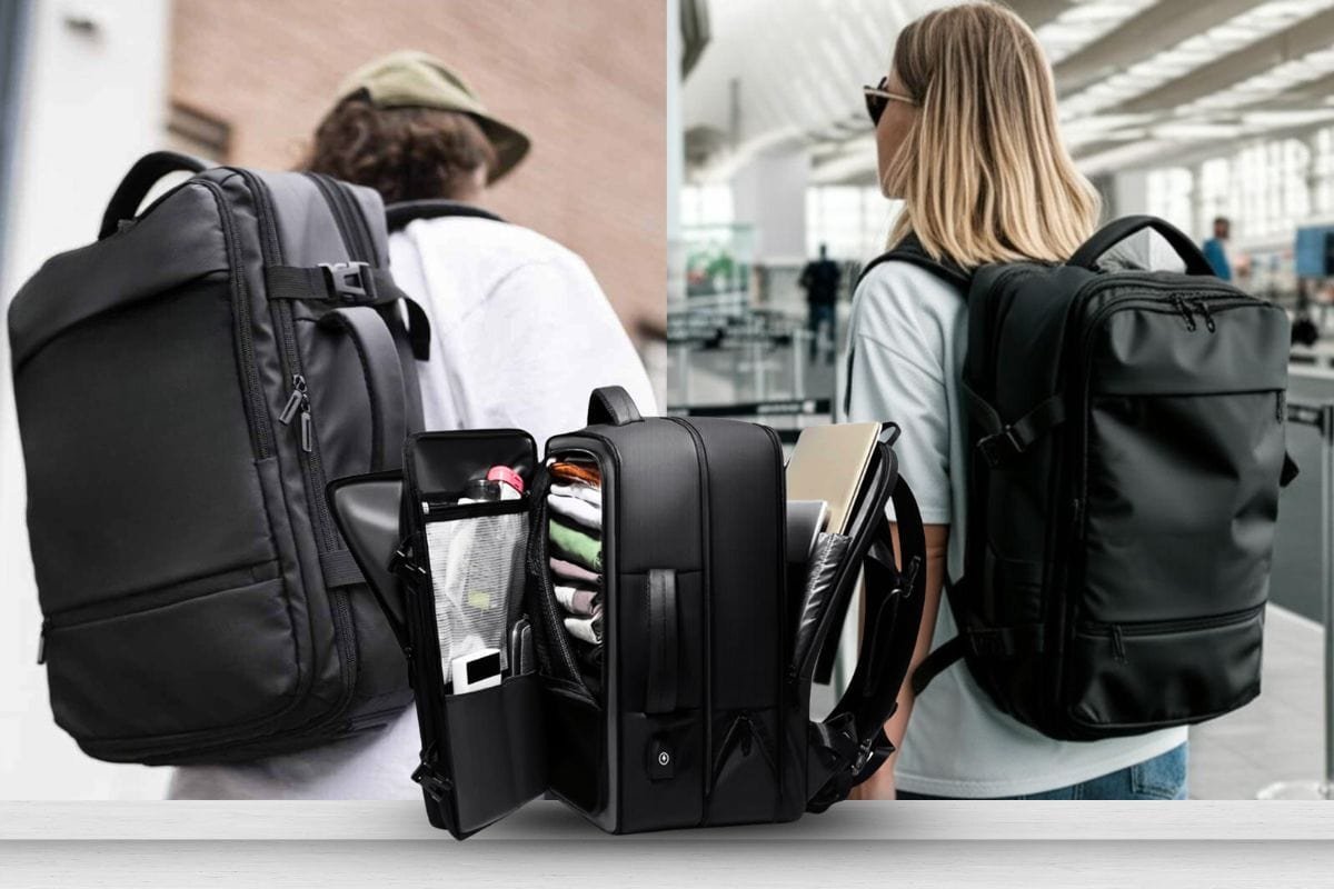 A laptop backpack resting on a chair next to a clean home office desk.