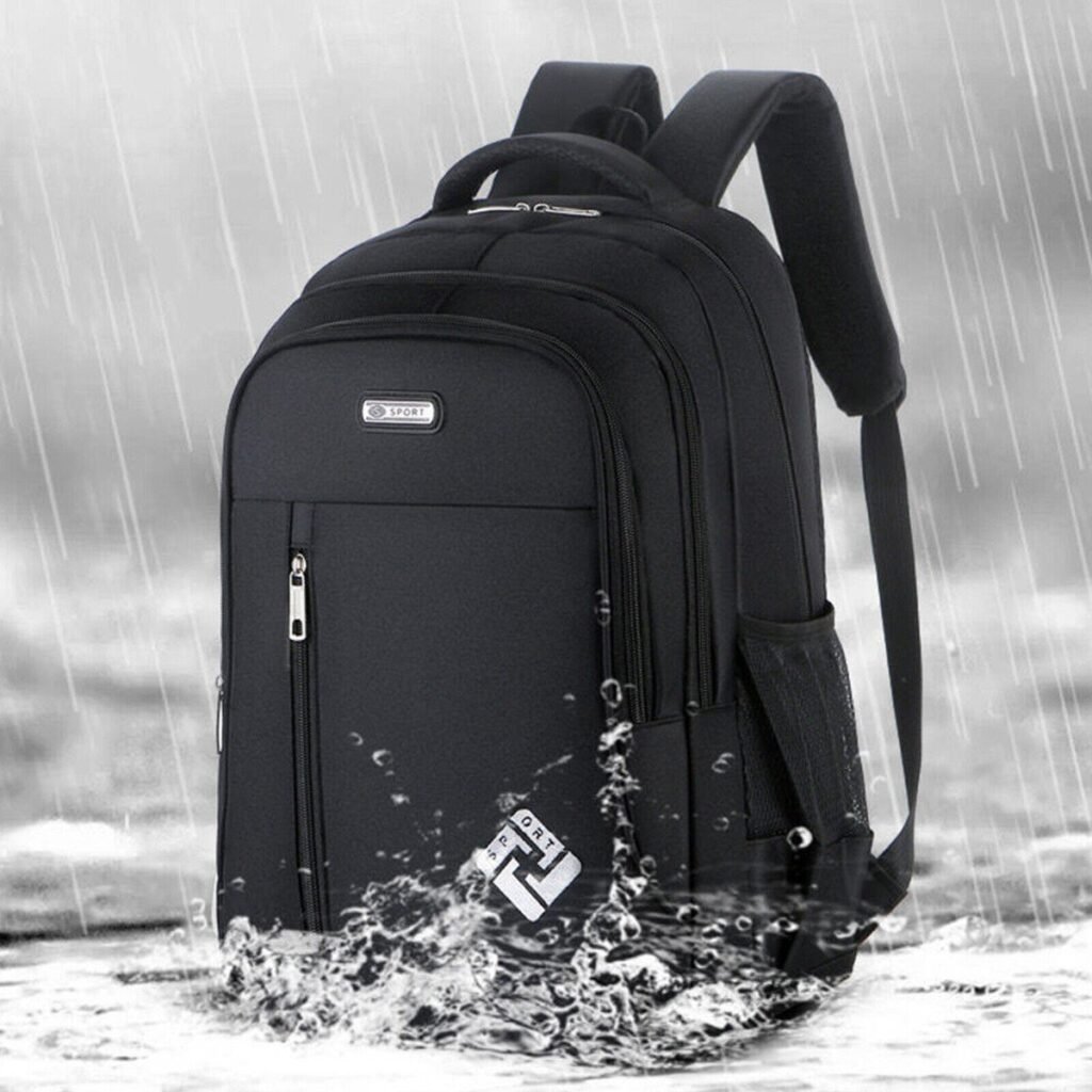 A durable large-capacity backpack sitting on a wooden bench in a sunny library.