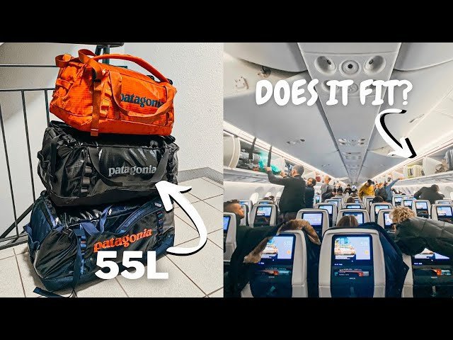A traveler checking if a large backpack fits into an airport luggage sizer.