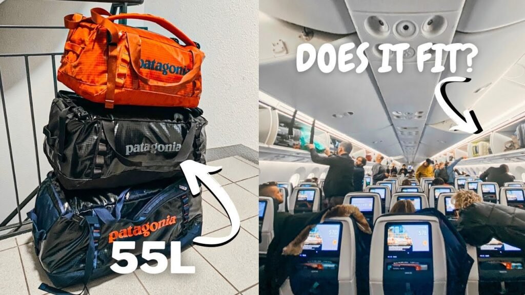 A large 55l backpack standing in an airport terminal ready for carry on.