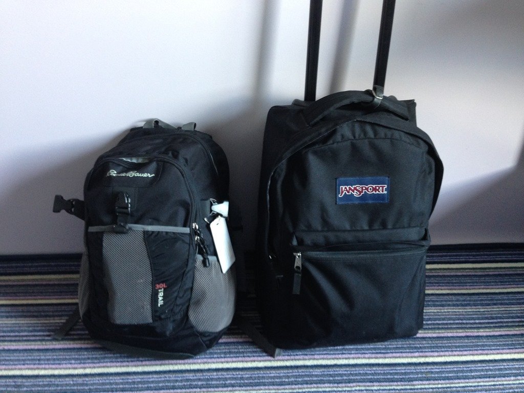 A Jansport backpack fits perfectly under an airplane seat as a carry on item.