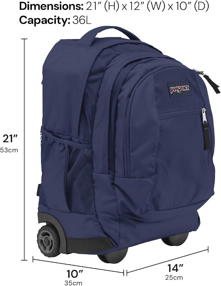 Hands demonstrate a properly packed Jansport backpack to ensure it fits as carry on.