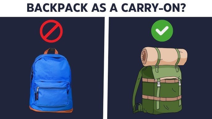 A traveler checking the dimensions of a carry-on backpack at an airport.