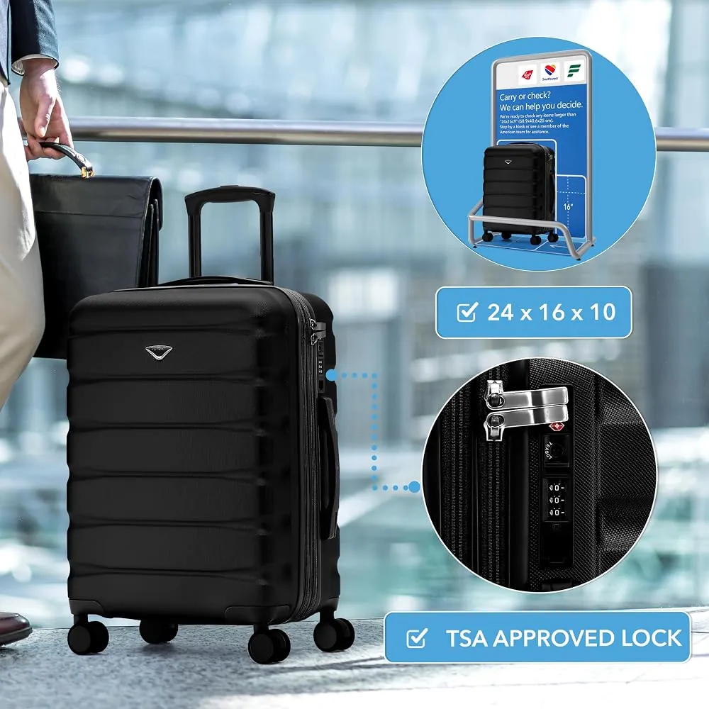 Hands securing a TSA-approved lock on a large suitcase before checking it.