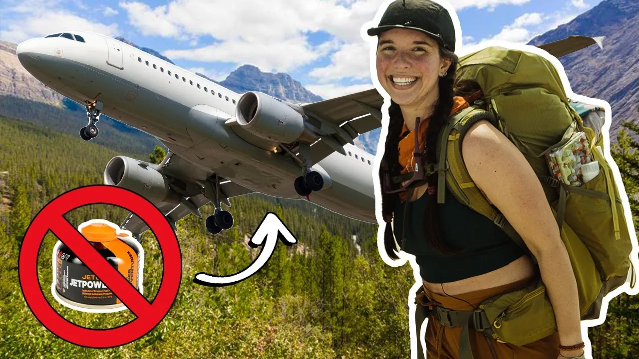 A hiking backpack fits inside an airport luggage sizer with forbidden tools nearby.