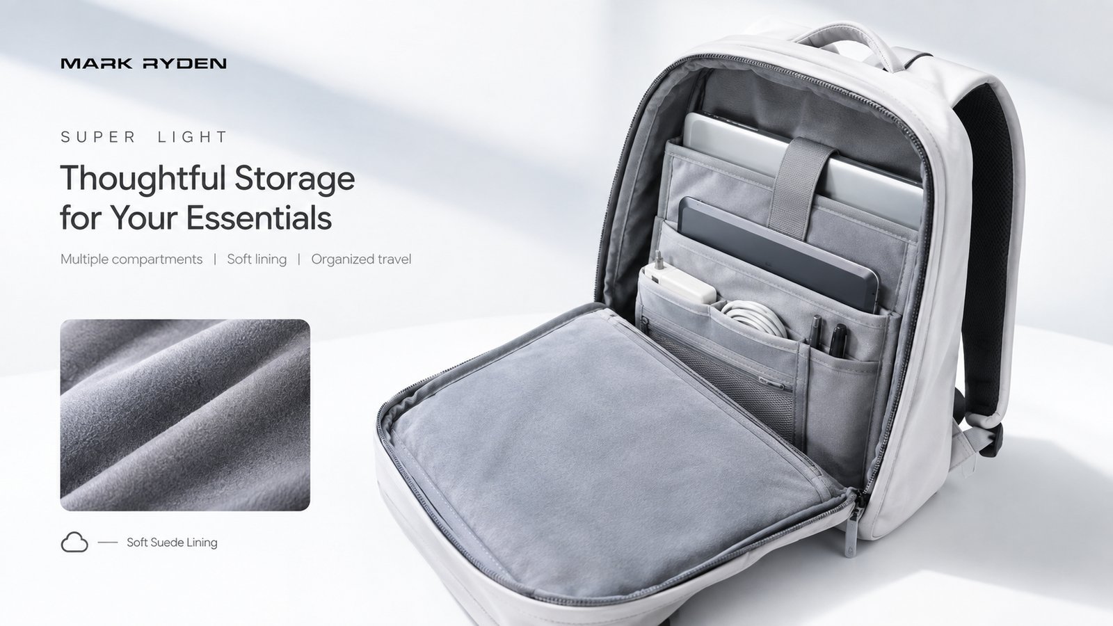 A laptop backpack showing the internal padded sleeve designed for shock absorption.
