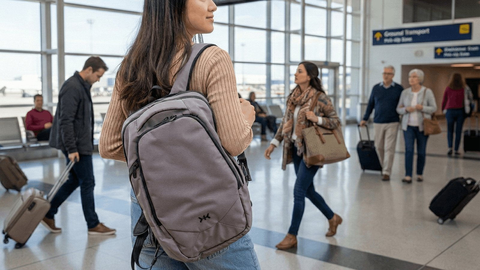 A traveler reviews information on a tablet while sitting with their travel backpack.
