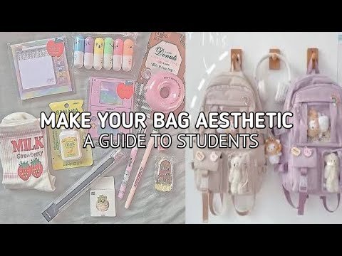 Various aesthetic accessories like pins and pouches arranged neatly beside a backpack.