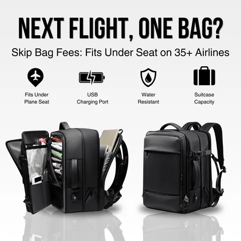 Measuring the dimensions of a carry on and backpack to meet airline requirements.