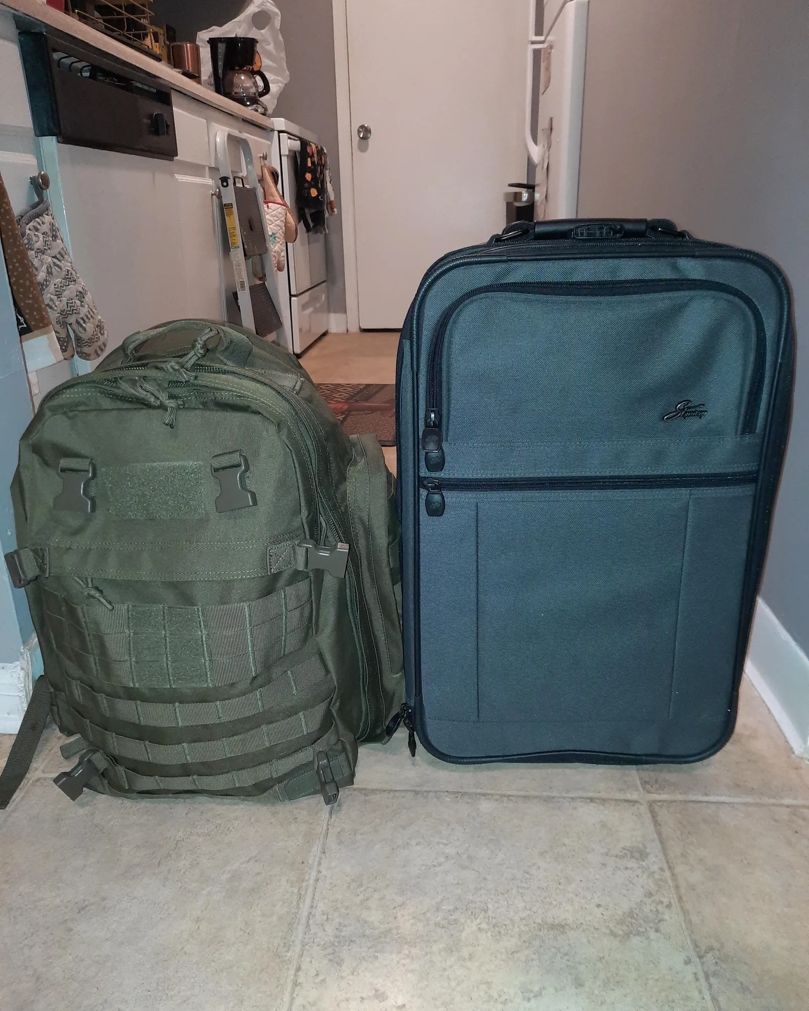 Organized suitcase and backpack with travel essentials laid out for air travel packing.