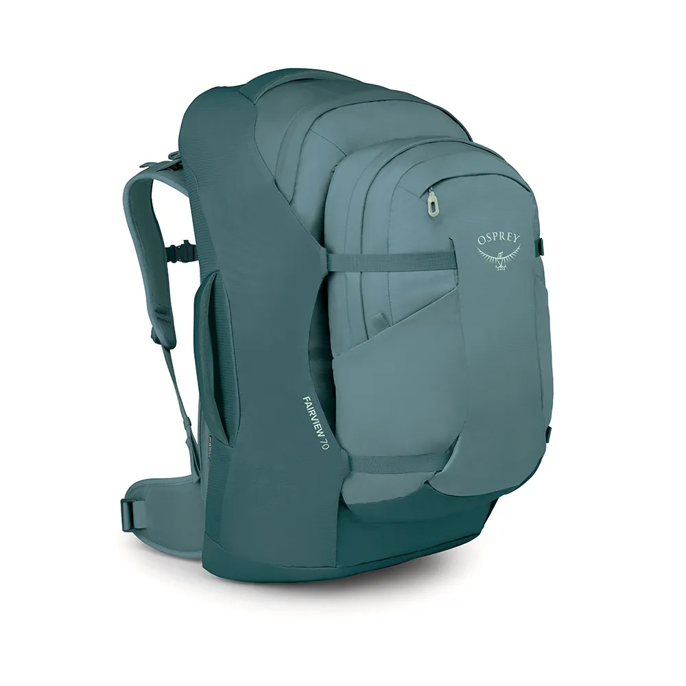 An oversized 70l backpack sits next to a metal carry-on sizer frame.