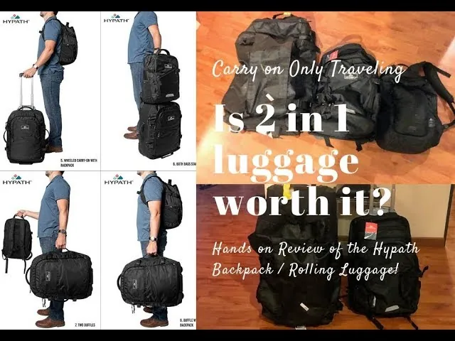 A passenger stowing a backpack under an airplane seat while holding a carry-on.