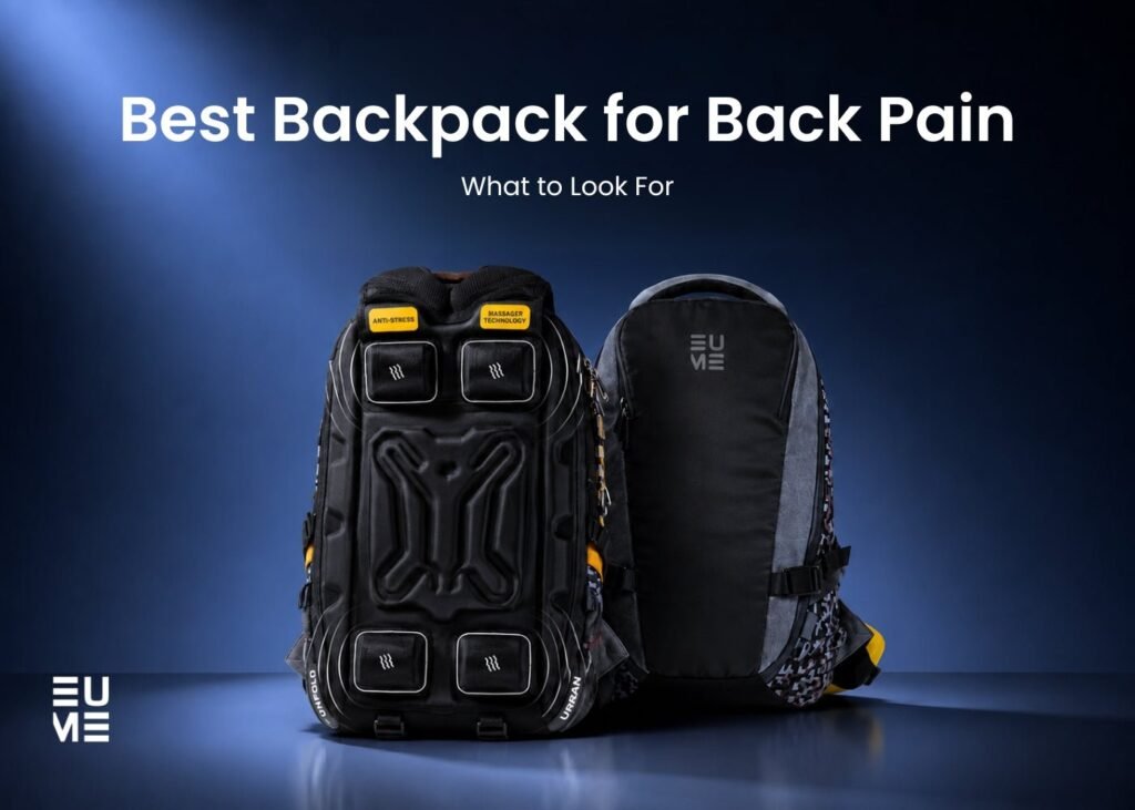 A person wearing a comfortable ergonomic backpack designed to alleviate back pain.