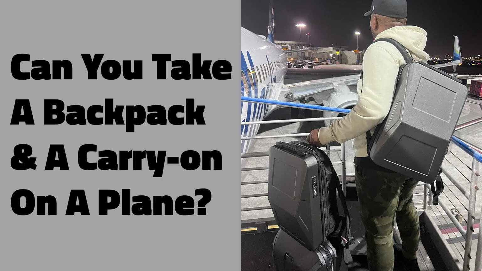 A travel backpack being weighed and measured at an airport to meet airline requirements.