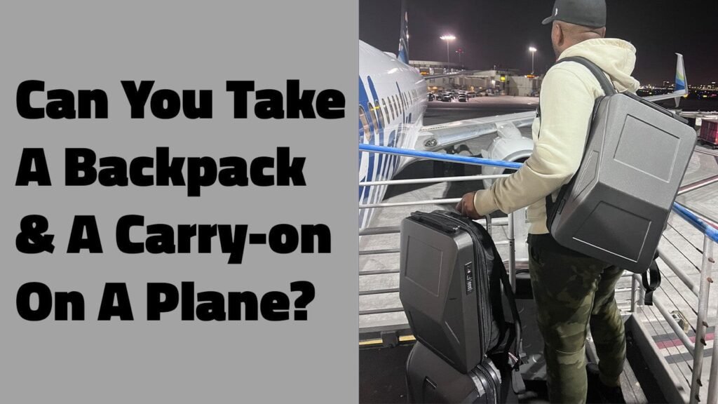 A traveler carrying a carry on and backpack in a modern airport terminal.