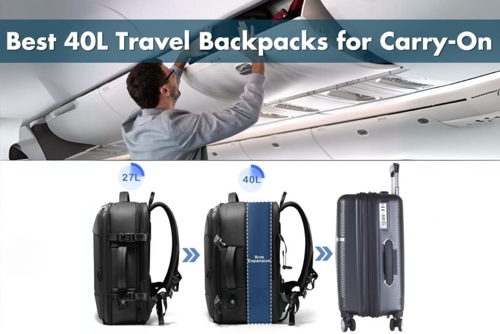 A traveler stands in an airport terminal with a 40l carry-on backpack.