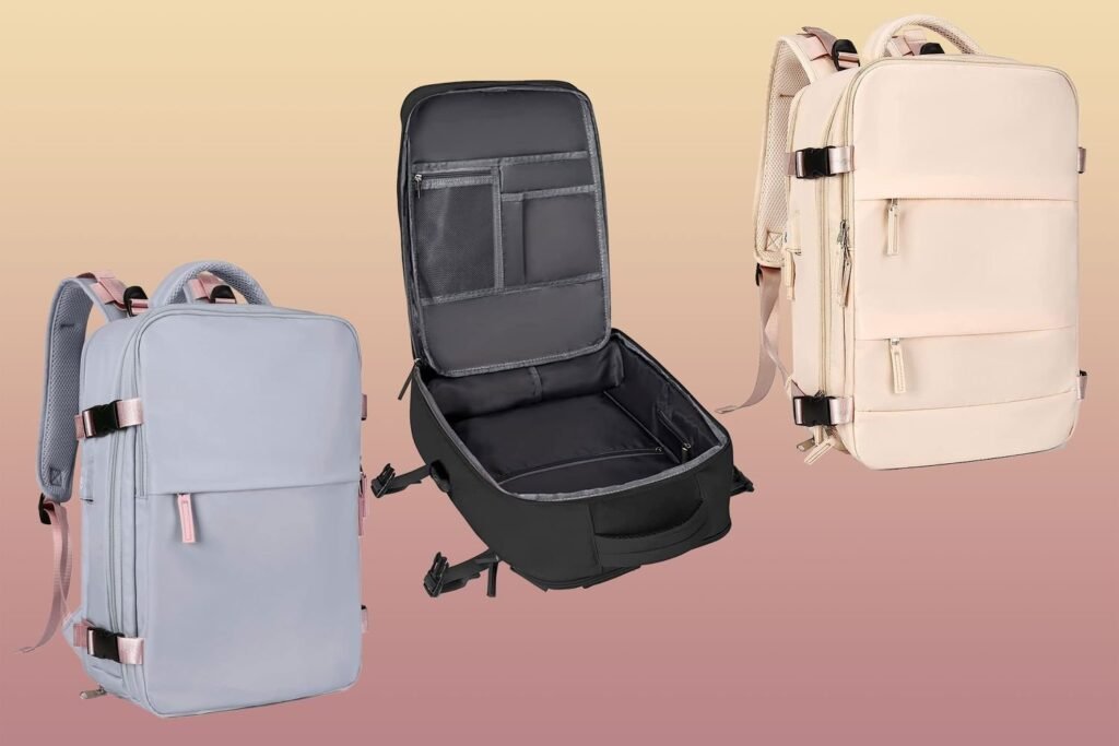 A modern travel backpack stands ready for an adventure at the airport terminal.