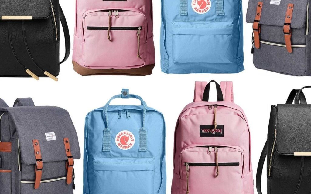 A selection of durable backpacks displayed neatly inside a modern retail outdoor store.