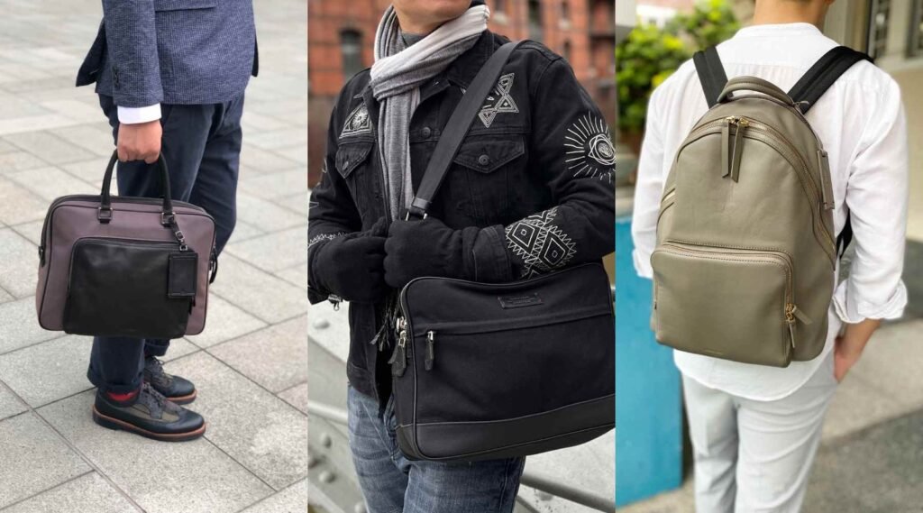 Charcoal gray work backpack on concrete floor beside wooden office desk