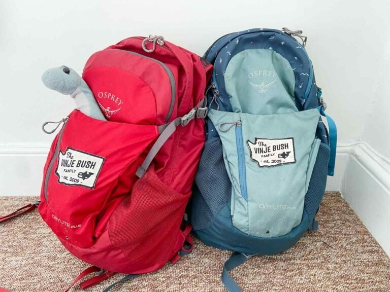 A colorful kids travel backpack sits on a wooden park bench.