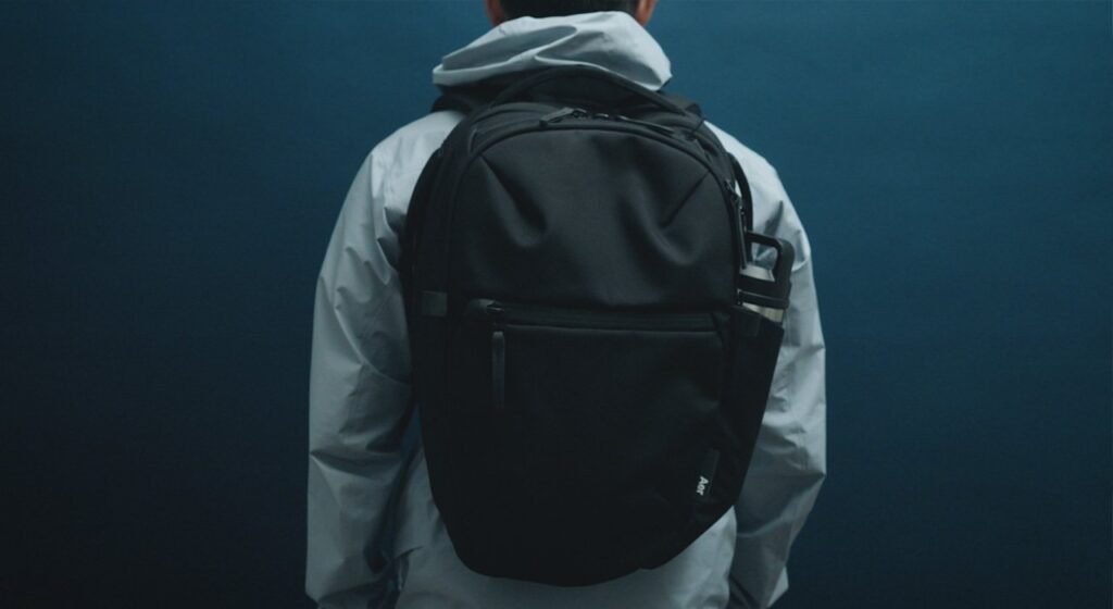 A small everyday backpack sits on a concrete bench inside a modern cafe.