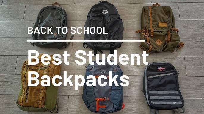 A sturdy canvas backpack filled with heavy books sits on a wooden table.