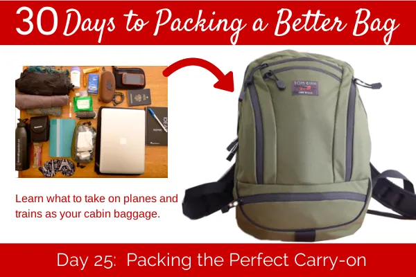 A travel backpack placed next to a metal airline baggage sizer at an airport.
