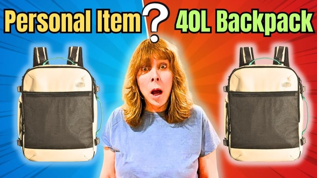 A traveler with a 40L backpack standing next to an airline carry-on sizing bin.