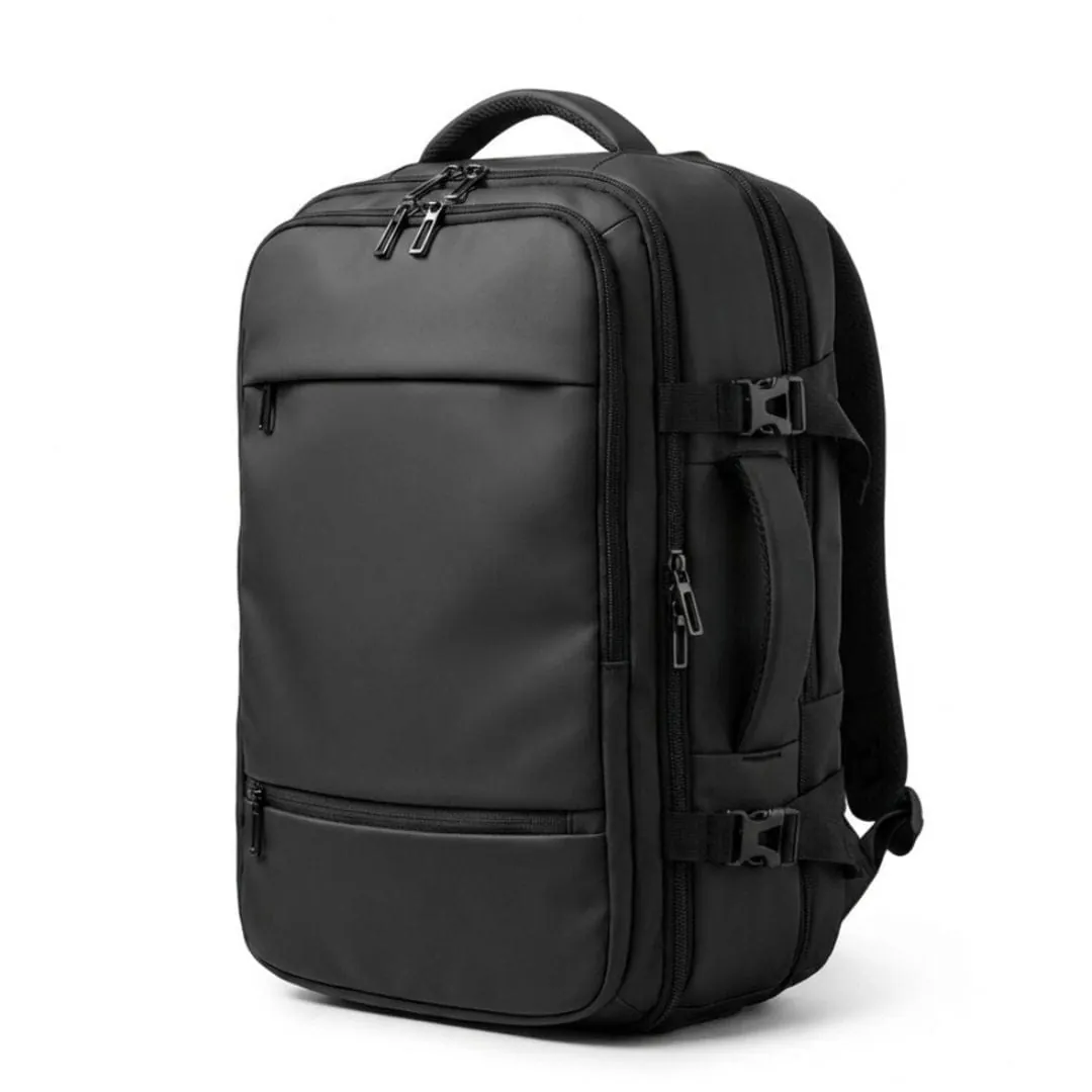 A traveler measures a 40L backpack in a metal airline baggage sizer frame.