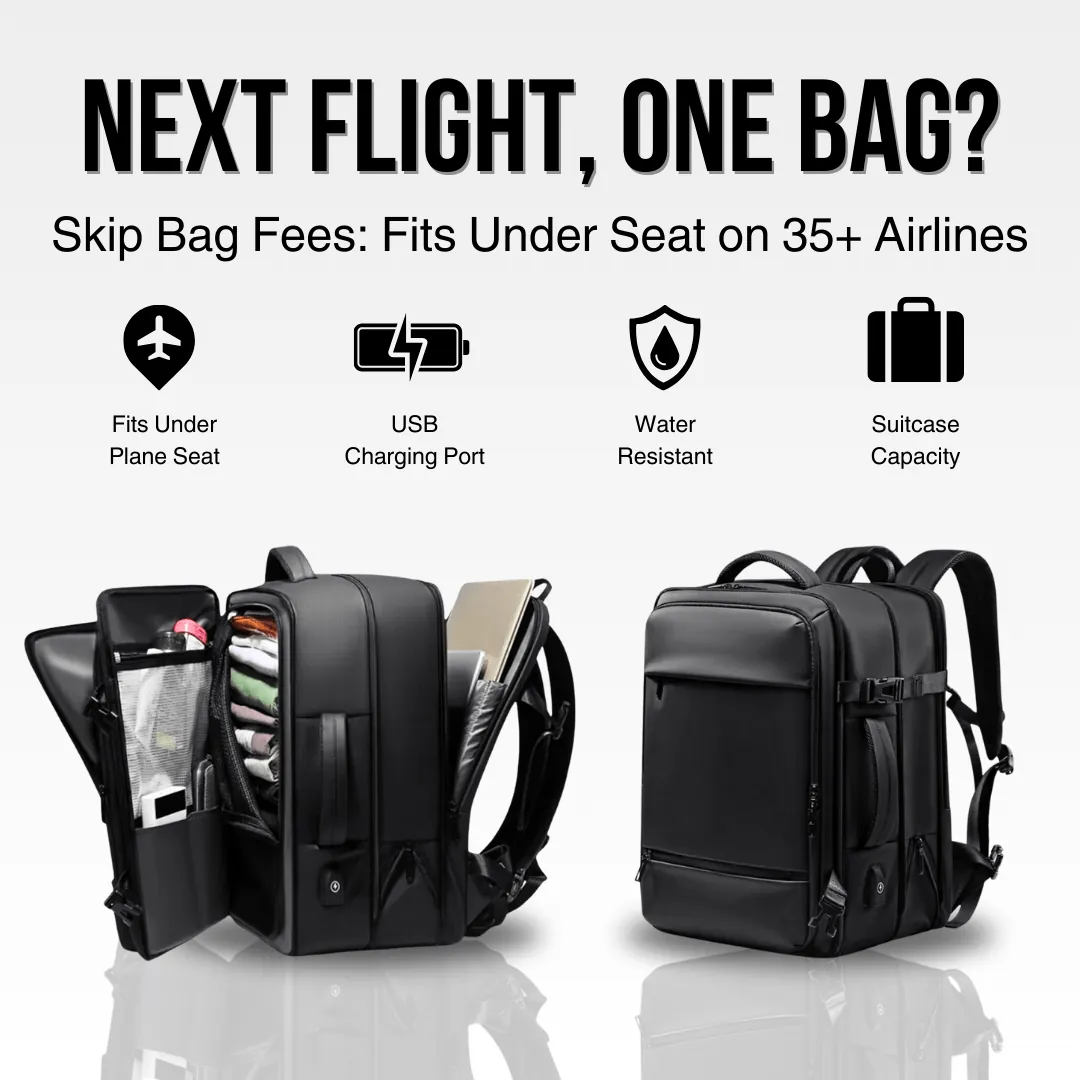 A traveler moving through an airport with a boarding pass accessible on their backpack.